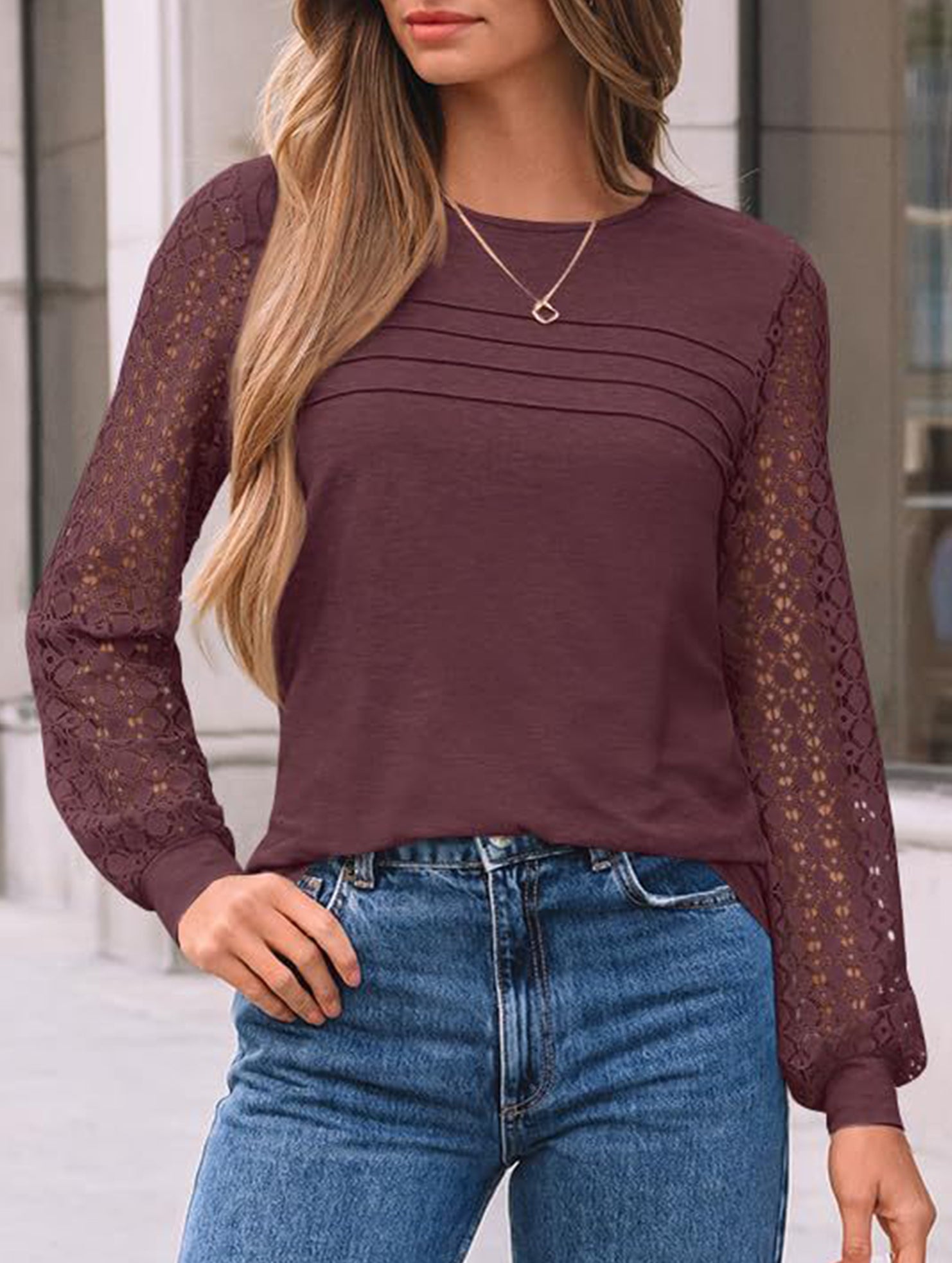 Solid color round neck patchwork hollow shirt