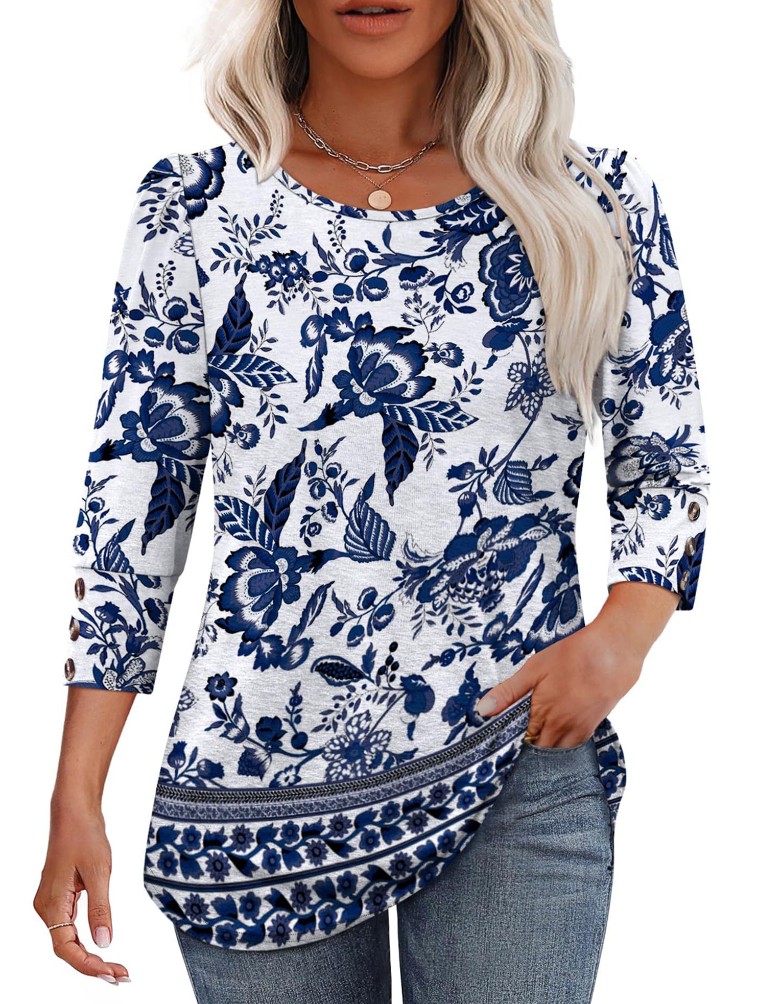 Casual Printed Button Crew Neck T-Shirt