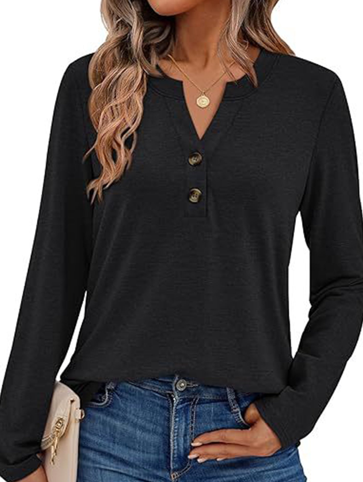 Stylish solid color long-sleeved V-neck button T-shirt