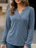 Stylish solid color long-sleeved V-neck button T-shirt