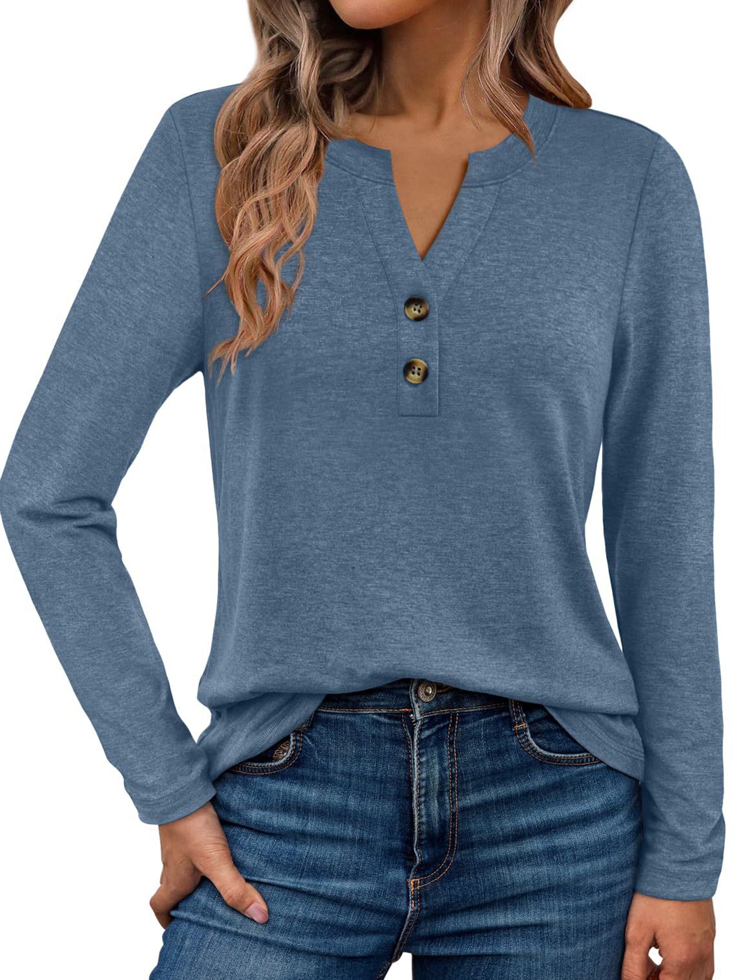 Stylish solid color long-sleeved V-neck button T-shirt