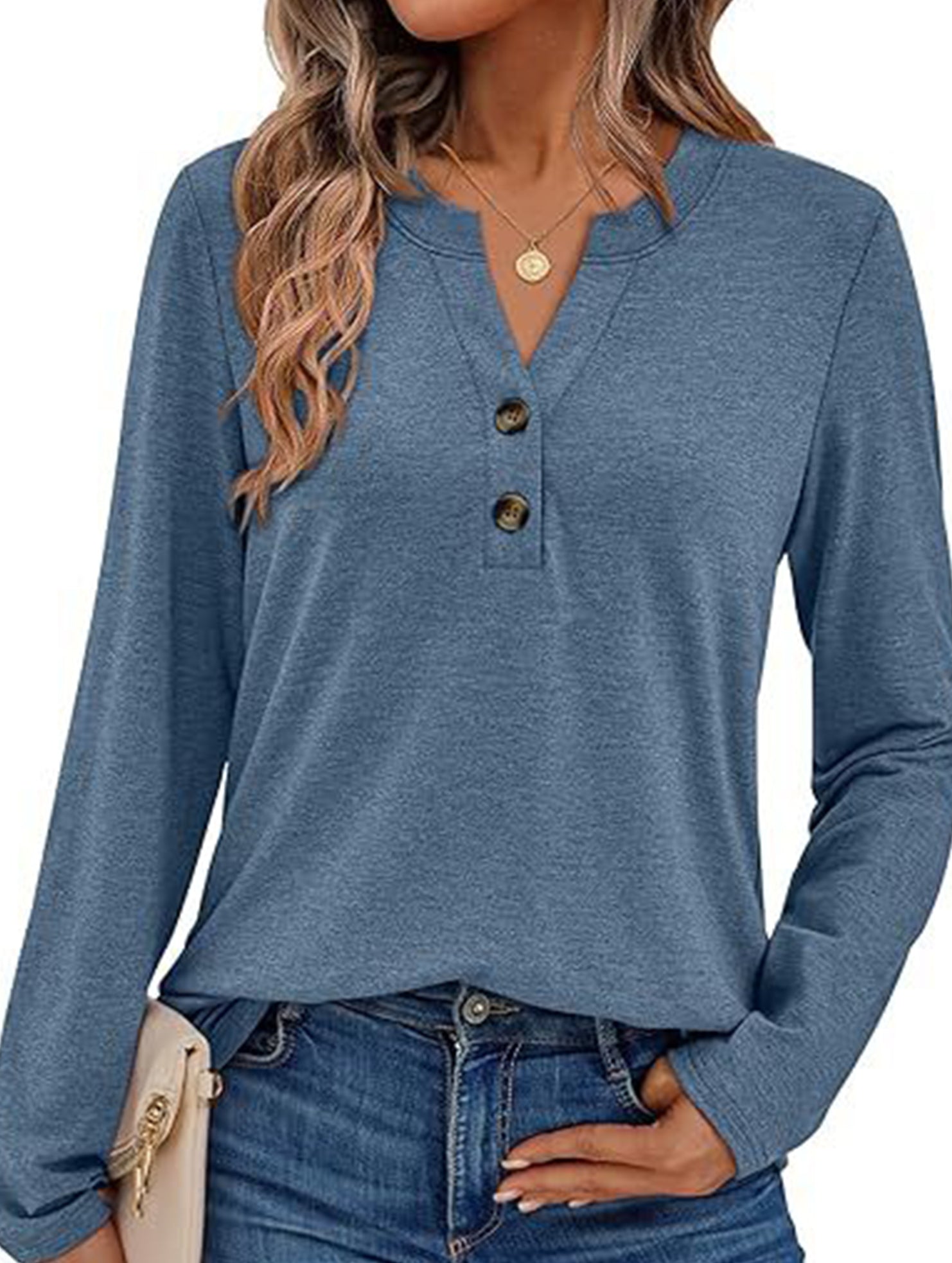Stylish solid color long-sleeved V-neck button T-shirt