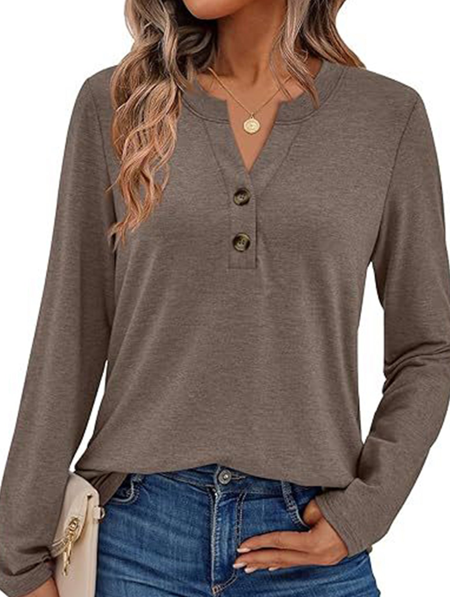 Stylish solid color long-sleeved V-neck button T-shirt