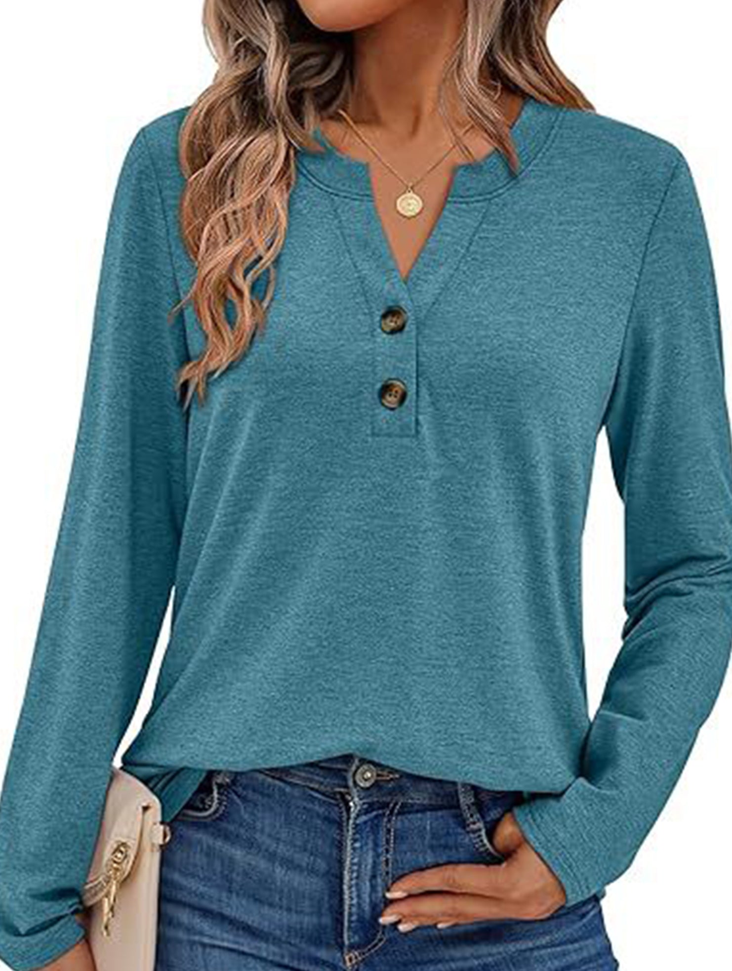 Stylish solid color long-sleeved V-neck button T-shirt