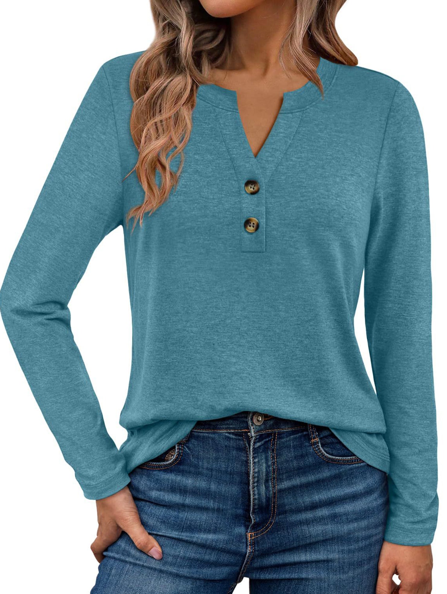 Stylish solid color long-sleeved V-neck button T-shirt