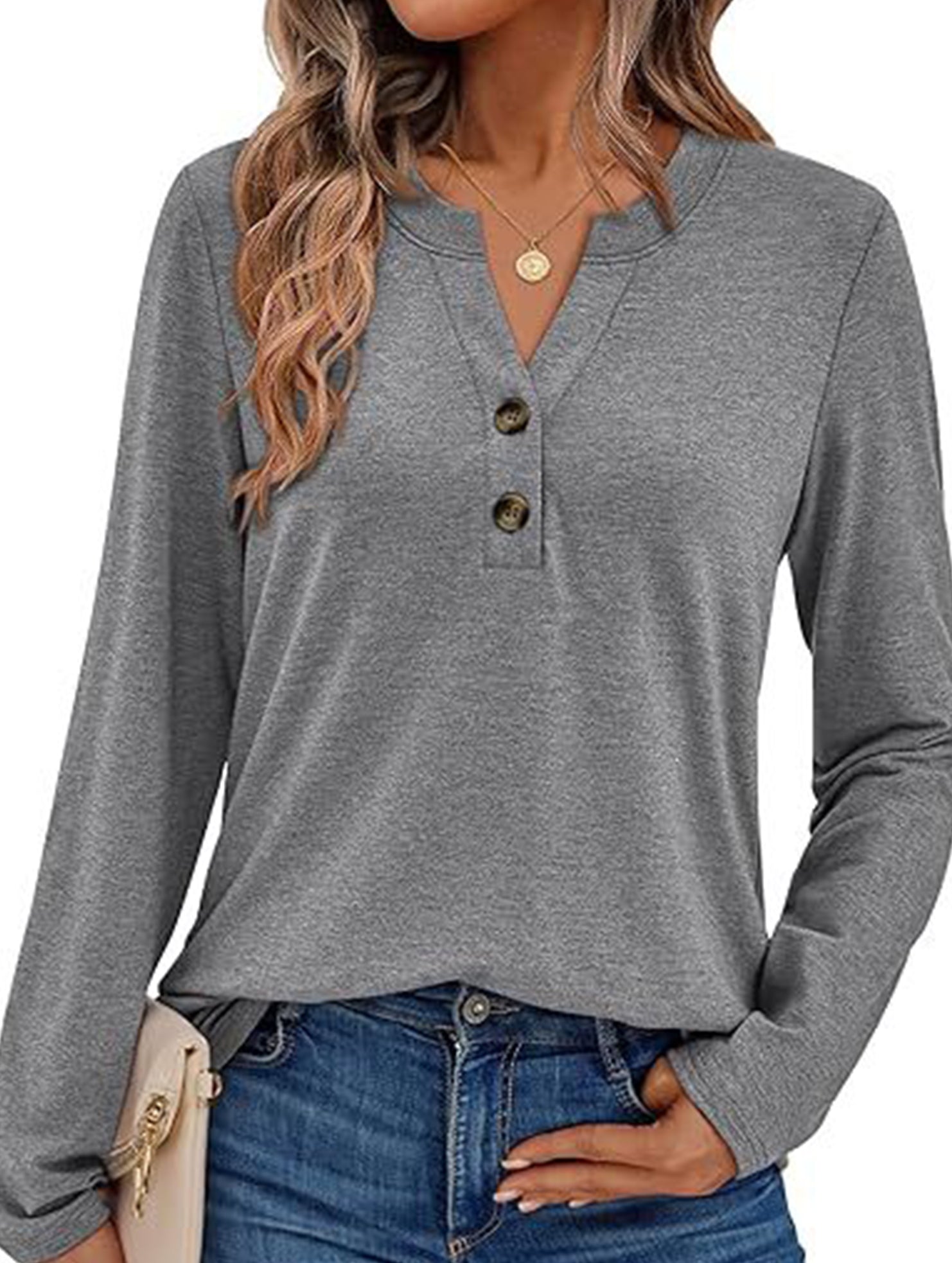 Stylish solid color long-sleeved V-neck button T-shirt