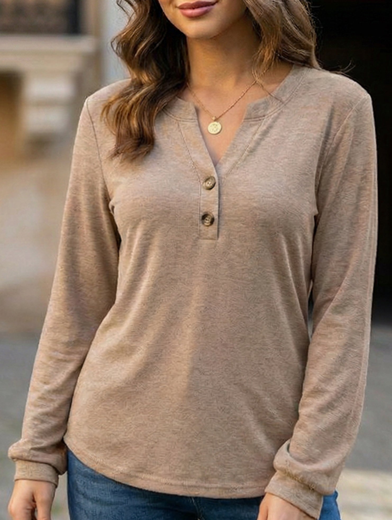 Stylish solid color long-sleeved V-neck button T-shirt