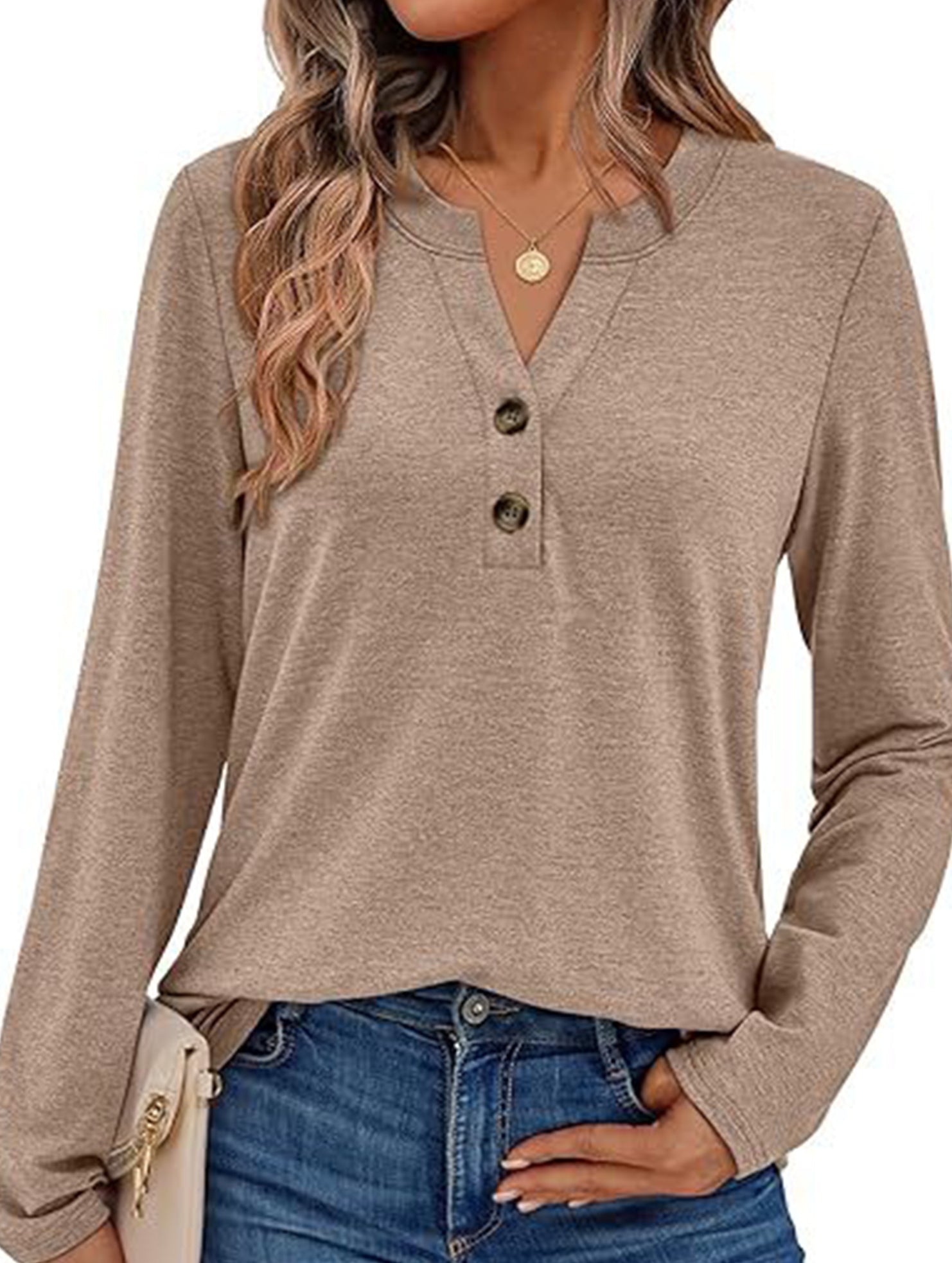 Stylish solid color long-sleeved V-neck button T-shirt