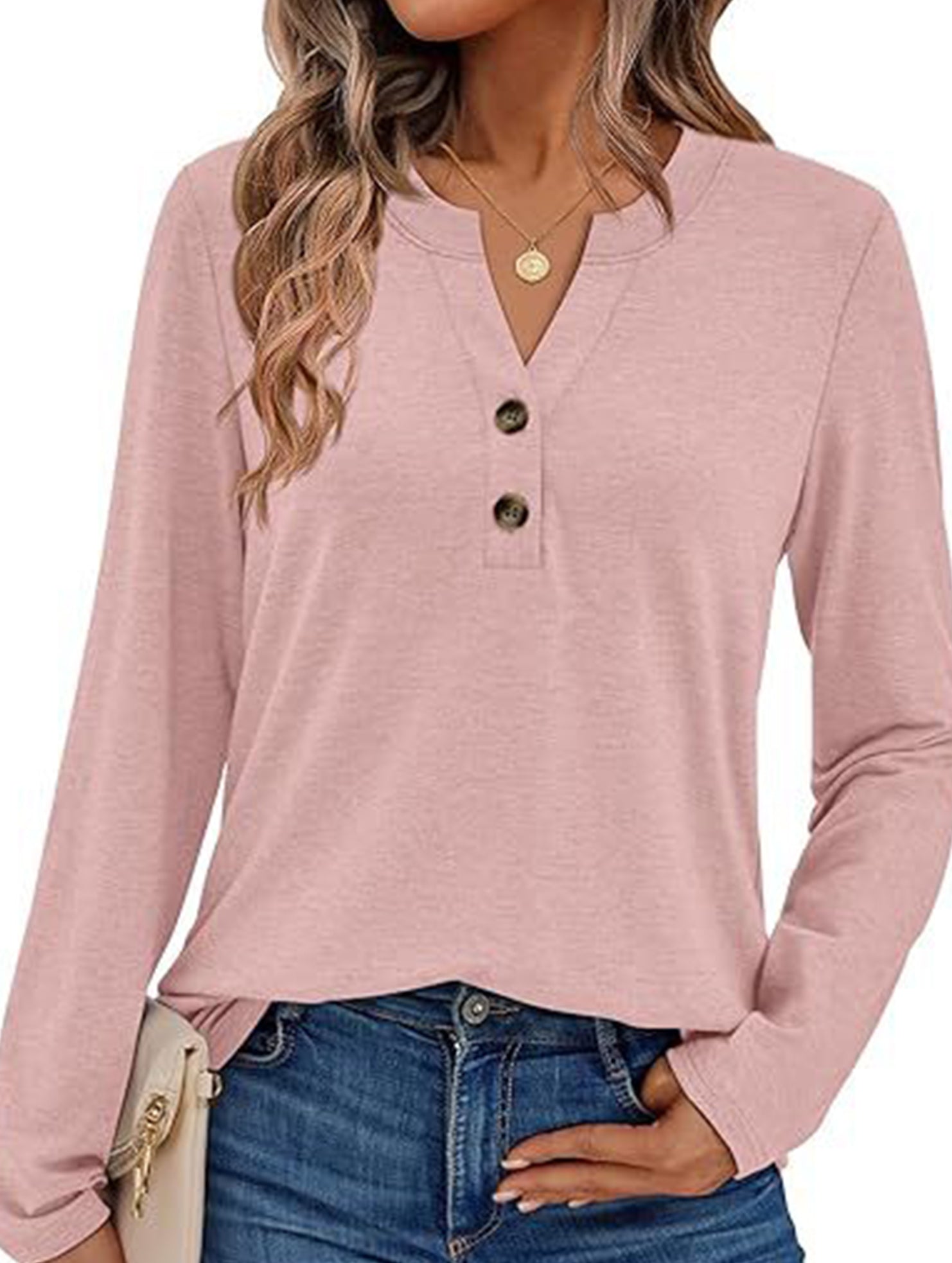 Stylish solid color long-sleeved V-neck button T-shirt
