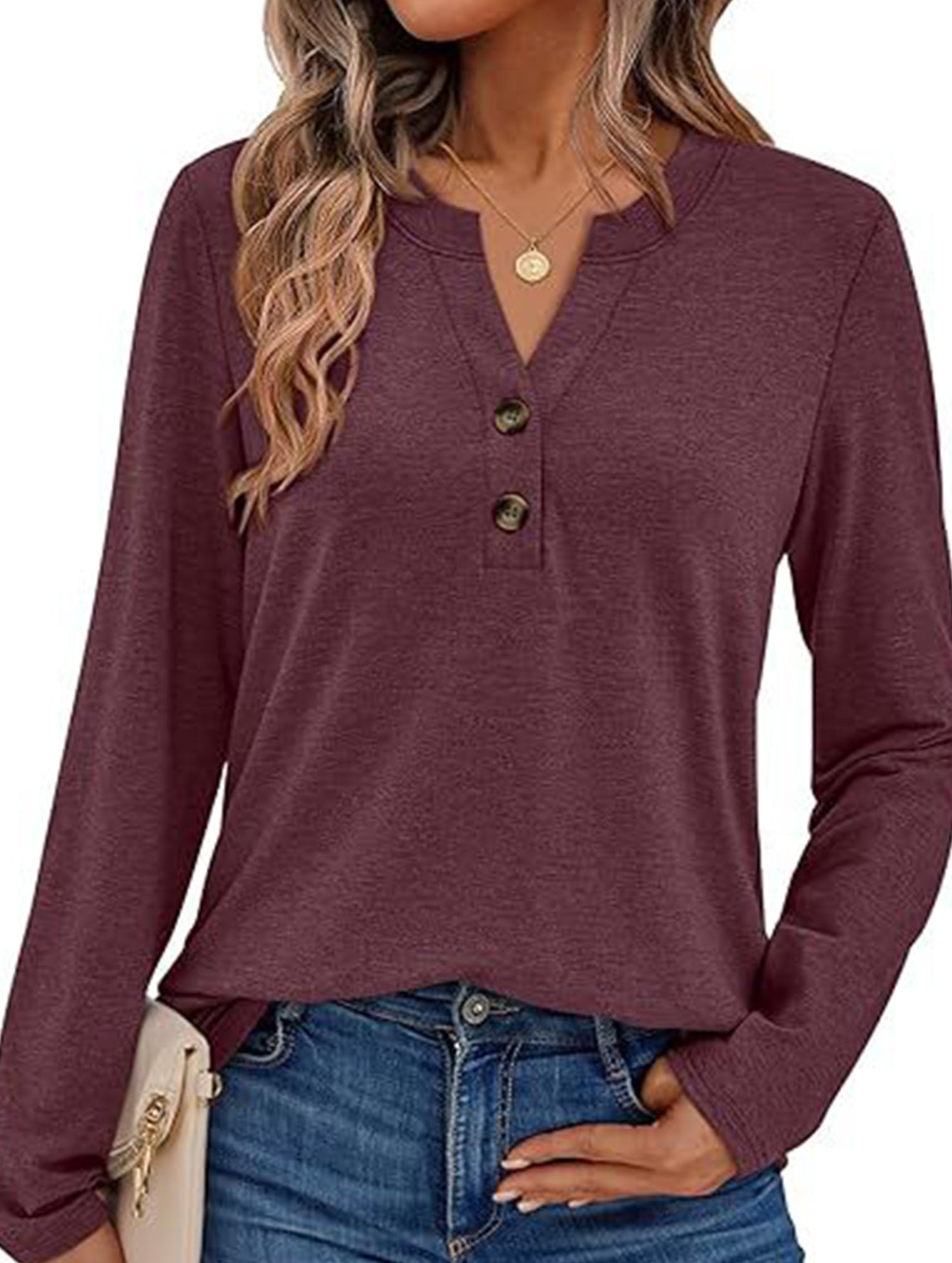 Stylish solid color long-sleeved V-neck button T-shirt