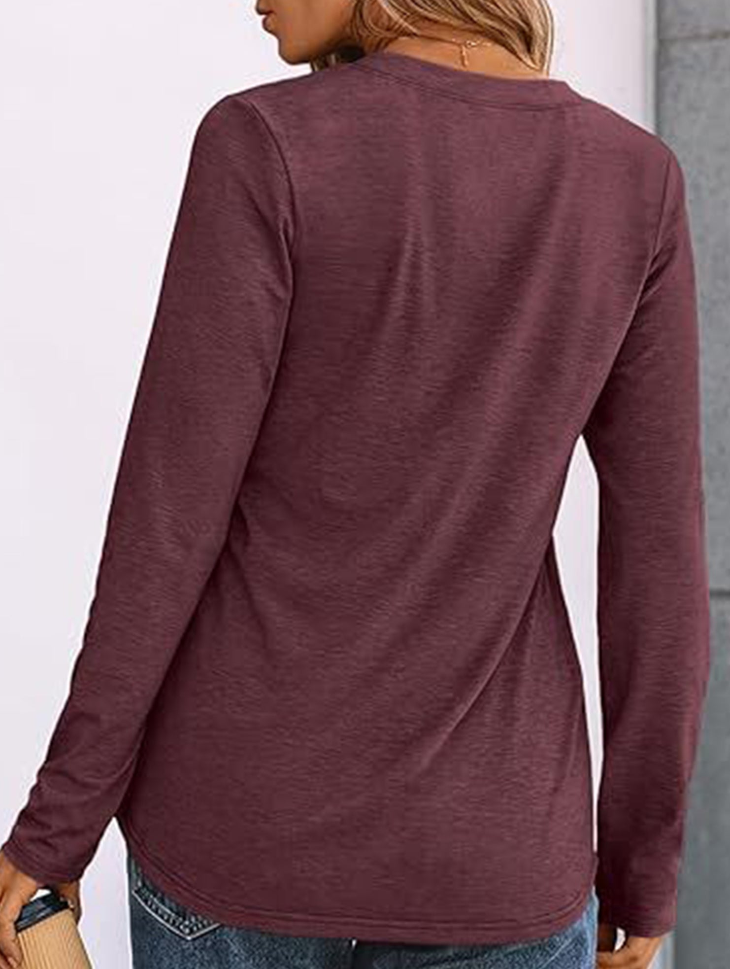 Stylish solid color long-sleeved V-neck button T-shirt