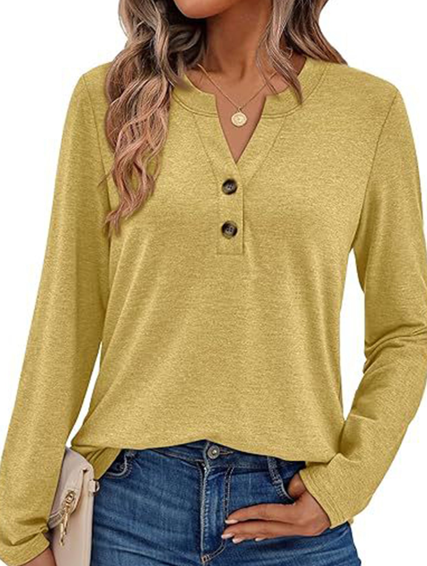 Stylish solid color long-sleeved V-neck button T-shirt