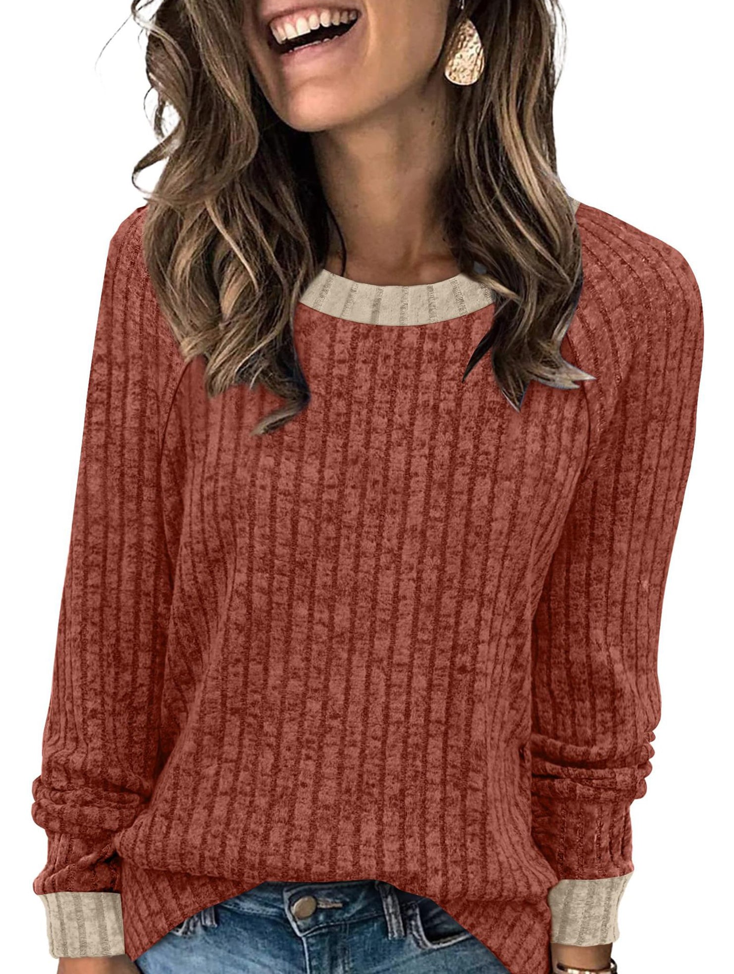 Round neck raglan sleeve solid color T-shirt