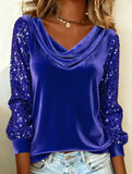 Stylish turtleneck sequin patchwork T-shirt