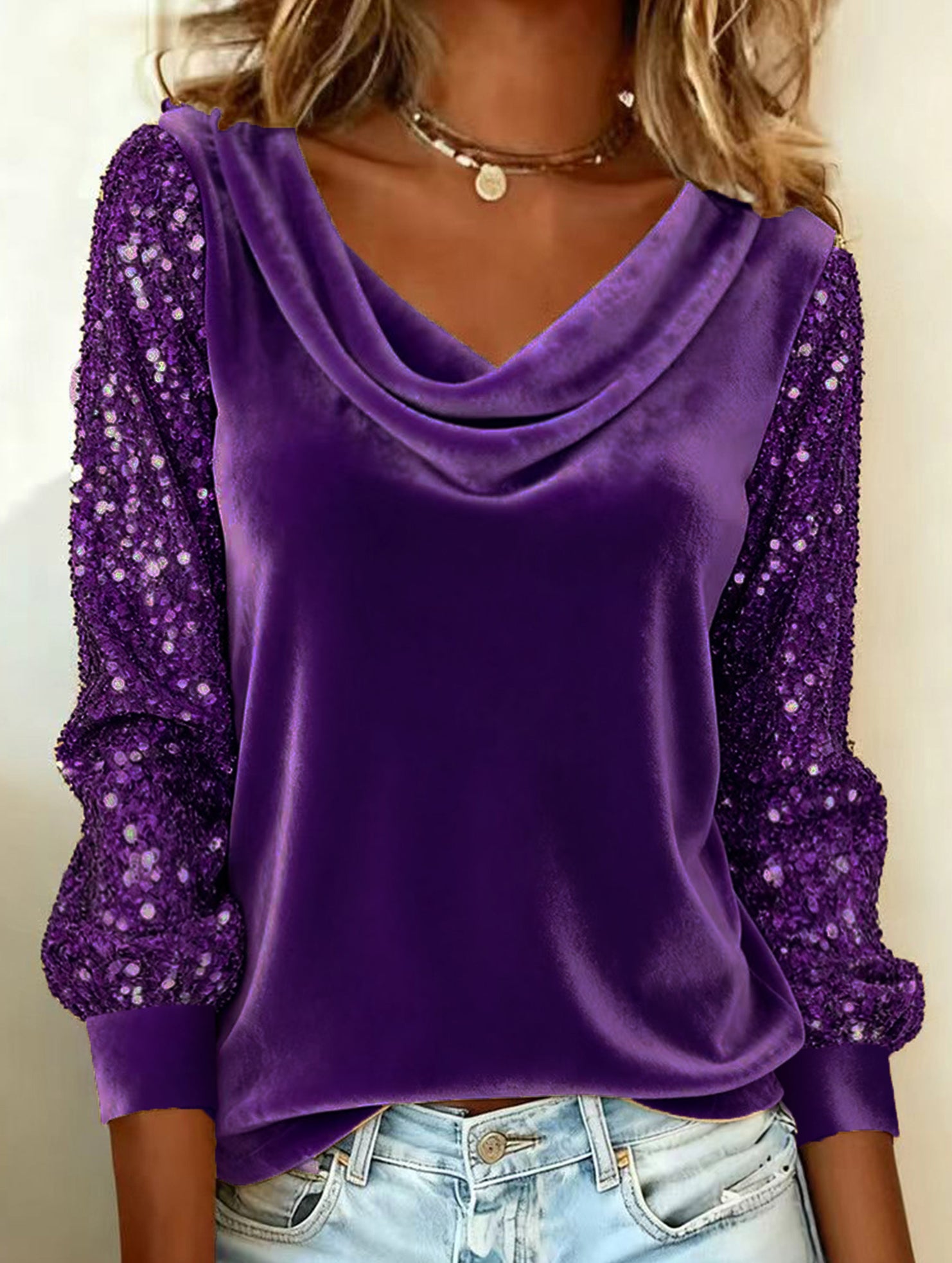 Stylish turtleneck sequin patchwork T-shirt