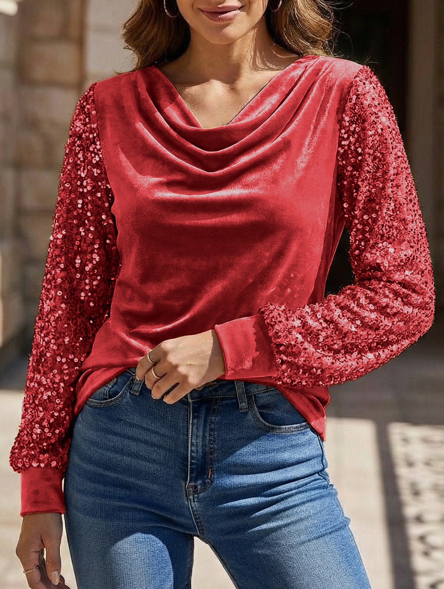 Stylish turtleneck sequin patchwork T-shirt