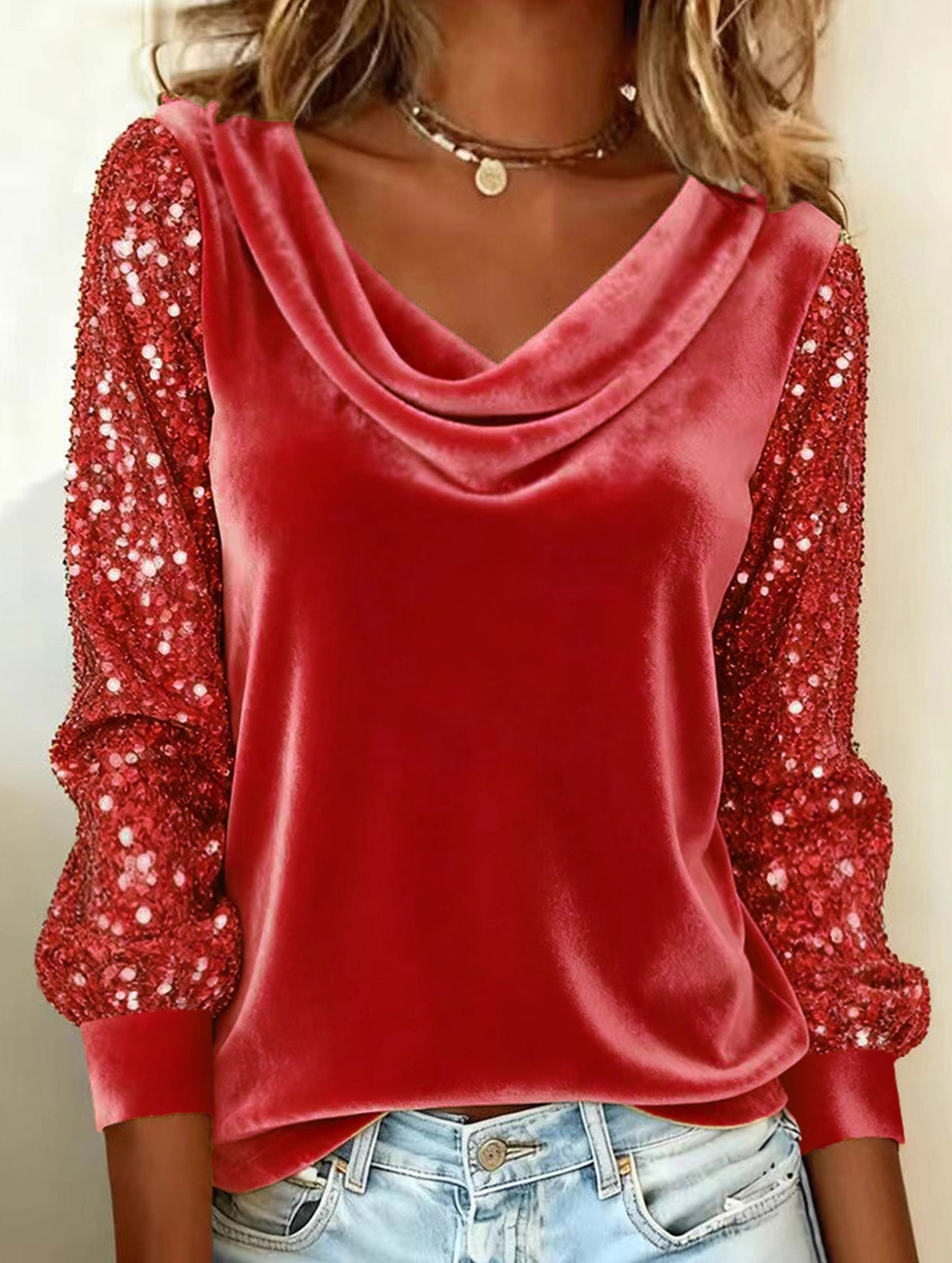 Stylish turtleneck sequin patchwork T-shirt