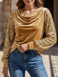 Stylish turtleneck sequin patchwork T-shirt