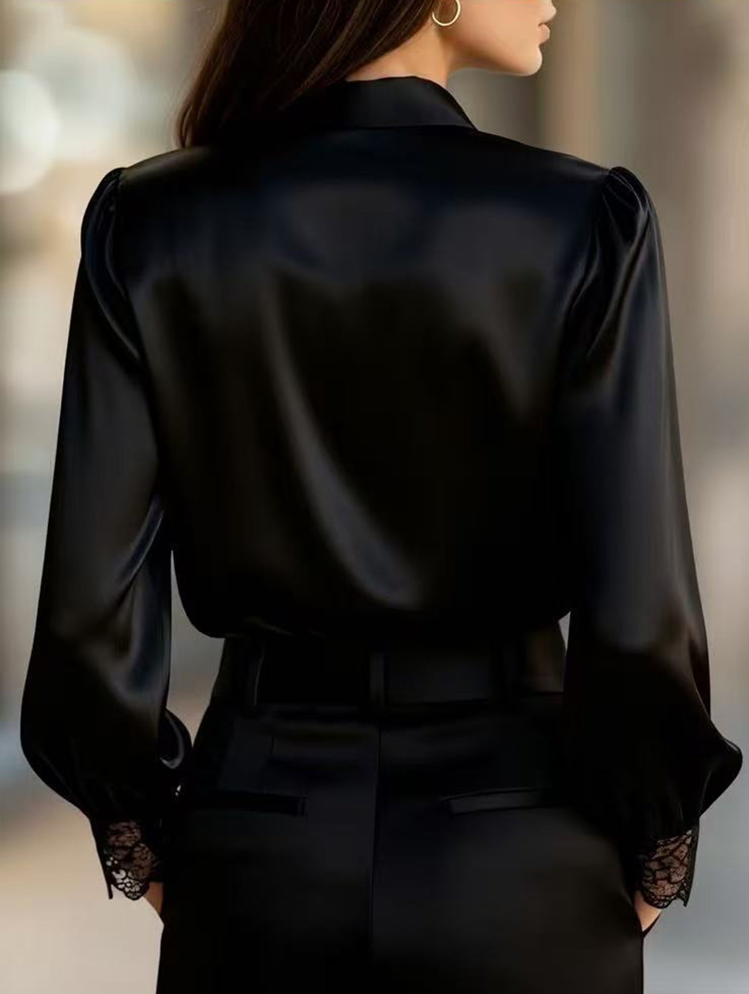 Fashionable lace V-neck puff sleeve top/shirt