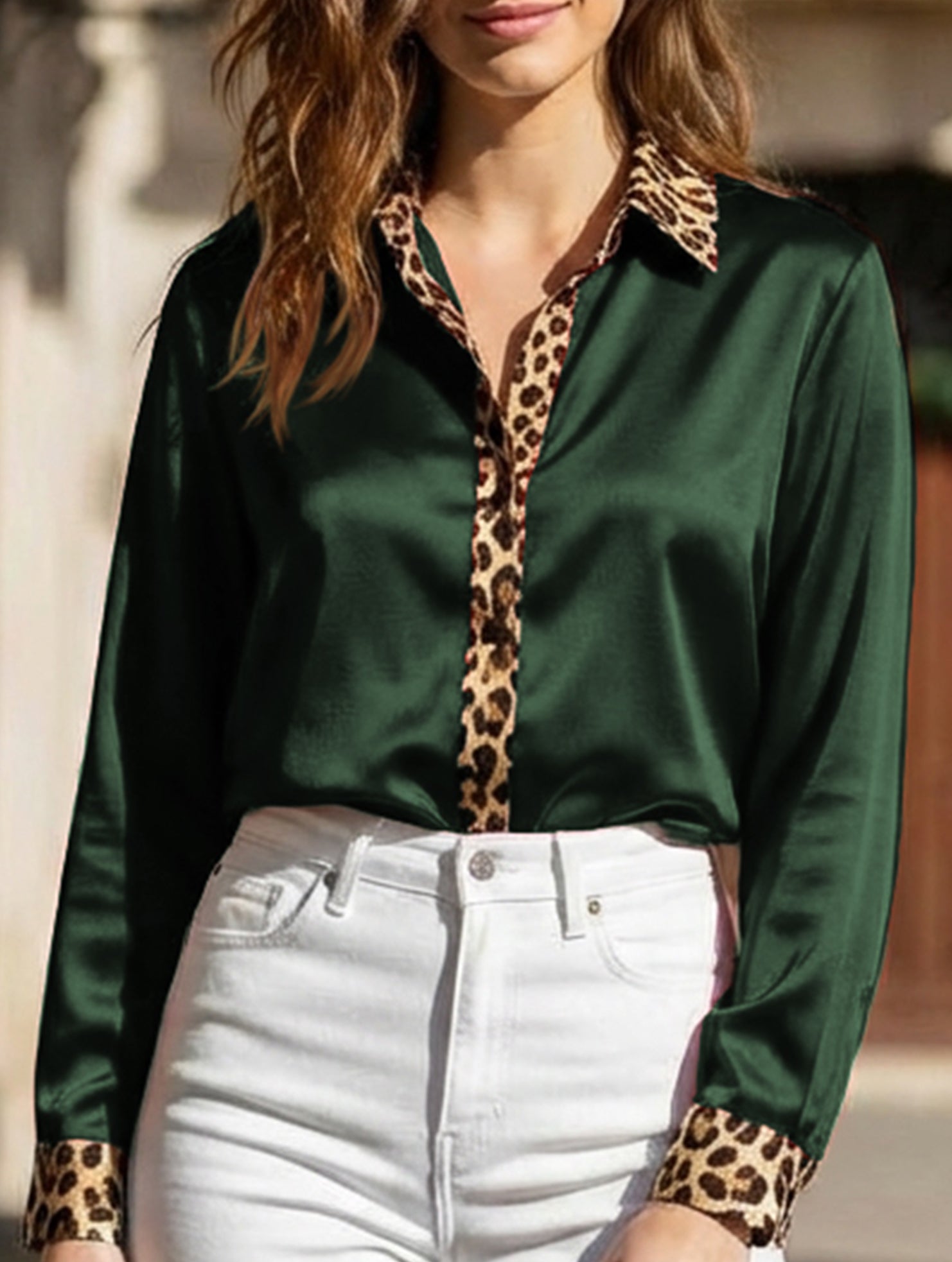 Leopard print crew neck spliced satin shirt