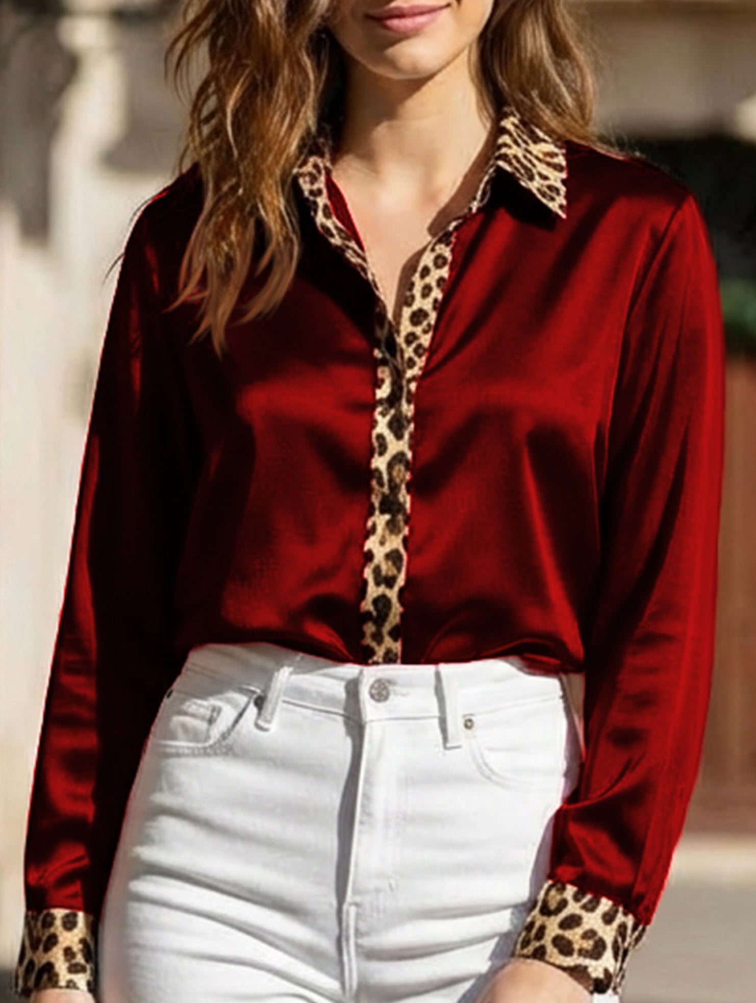 Leopard print crew neck spliced satin shirt