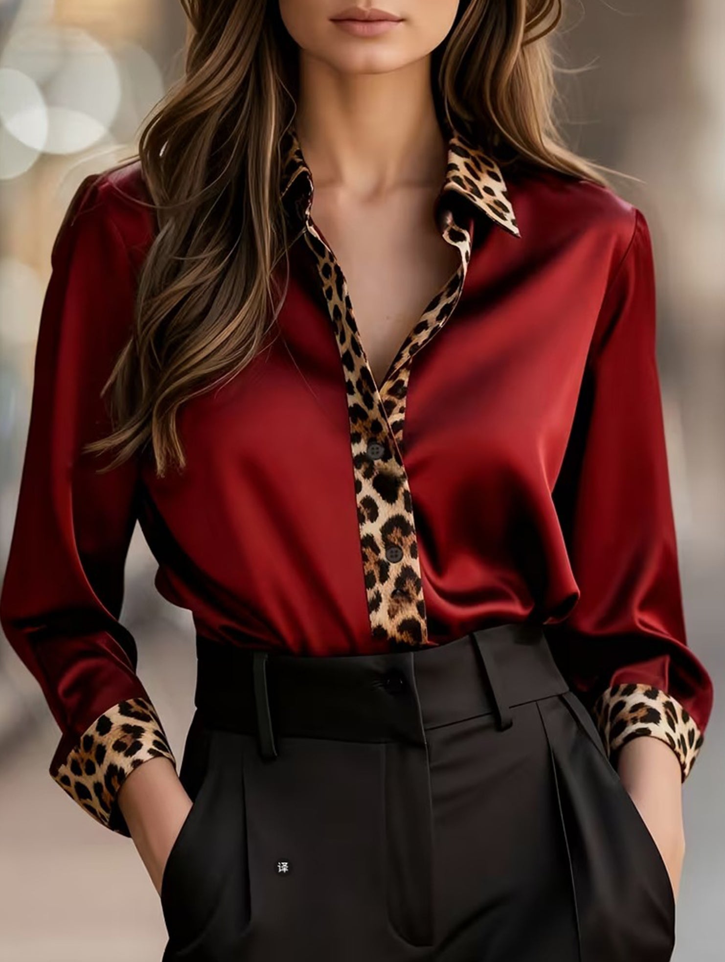 Leopard print crew neck spliced satin shirt