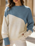 Color-blocked long-sleeved crew neck knit sweater