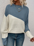 Color-blocked long-sleeved crew neck knit sweater