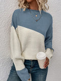 Color-blocked long-sleeved crew neck knit sweater