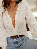 Hollow-out loose V-neck lace shirt