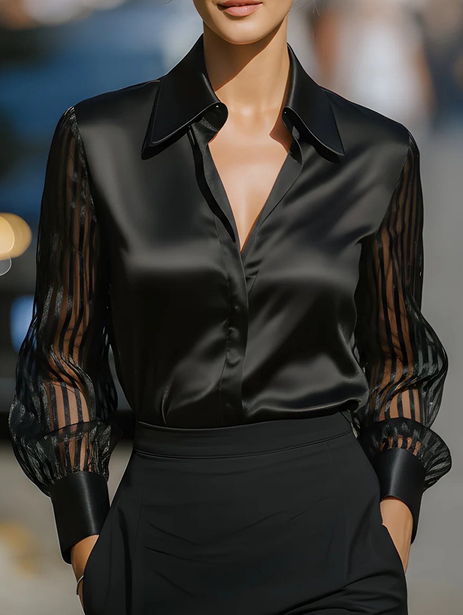LUXURY-STYLE SATIN SHEER STRIPED SHIRT