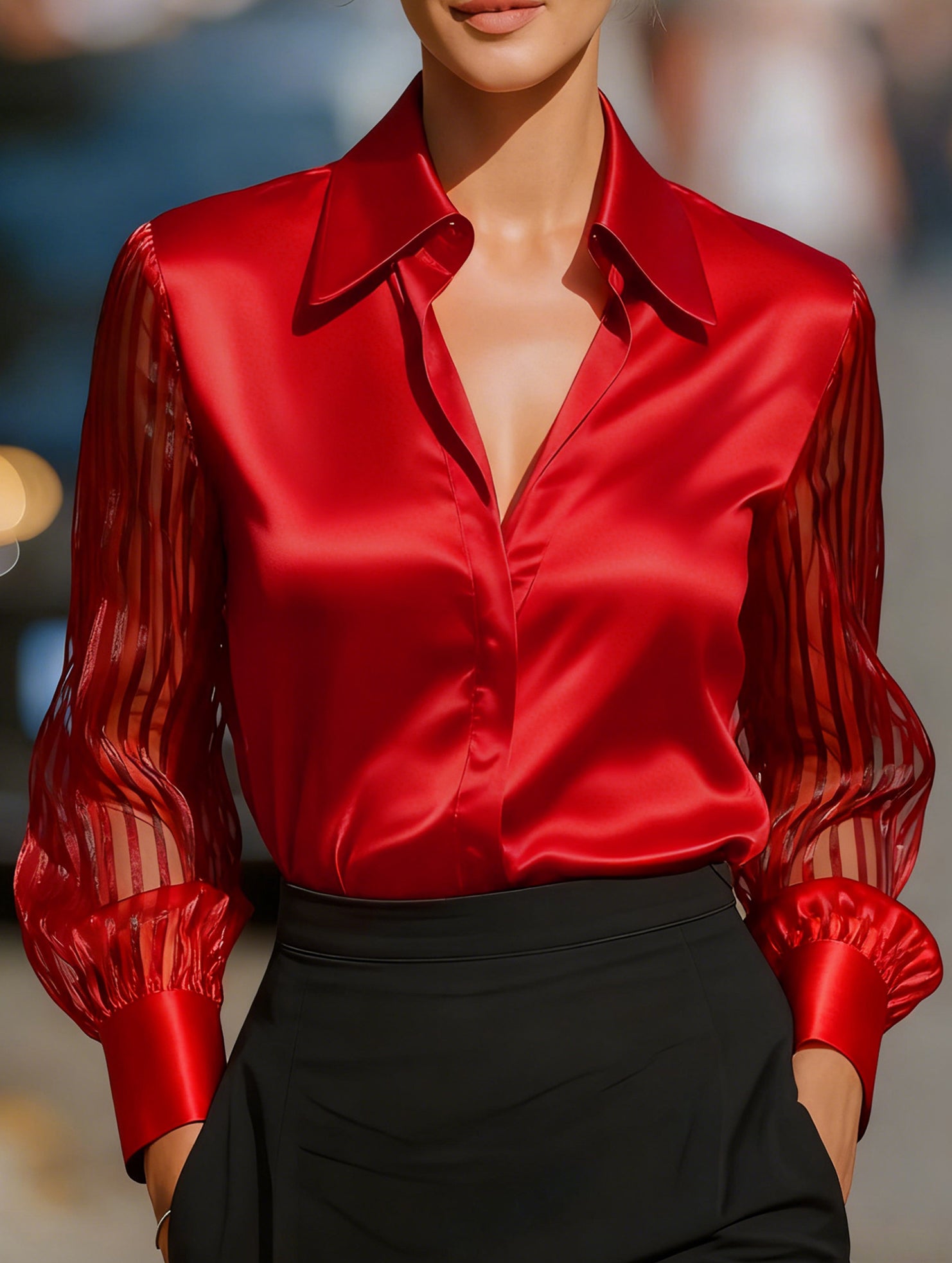 LUXURY-STYLE SATIN SHEER STRIPED SHIRT