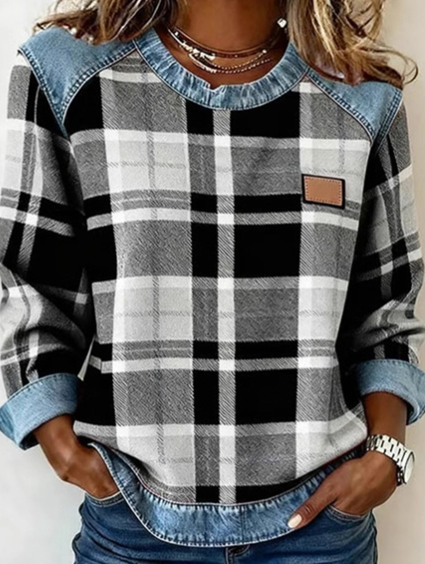 RETRO PLAID PATCHWORK SWEATSHIRT