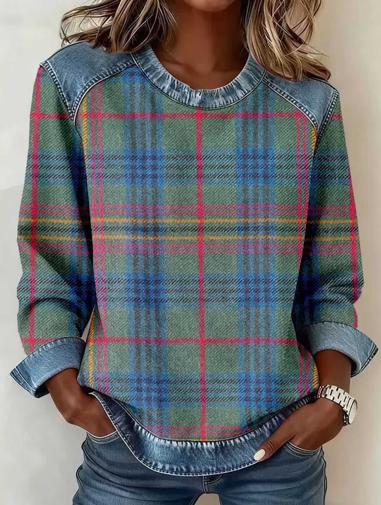 RETRO PLAID PATCHWORK SWEATSHIRT