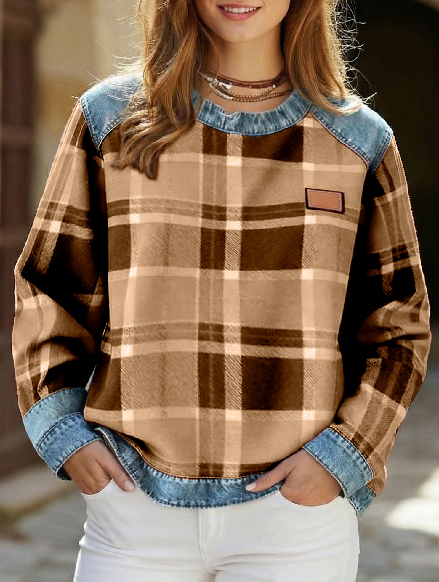 RETRO PLAID PATCHWORK SWEATSHIRT