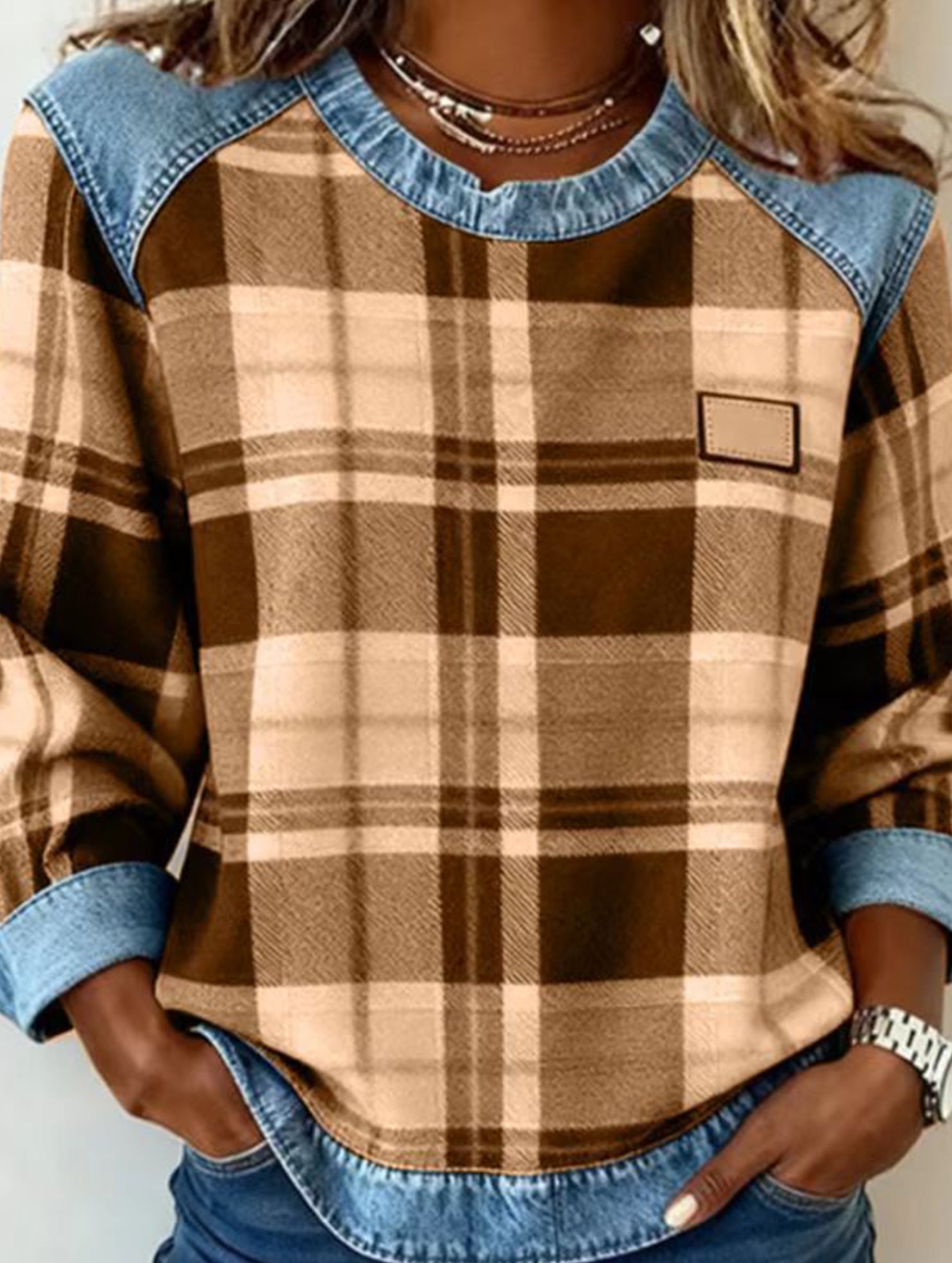 RETRO PLAID PATCHWORK SWEATSHIRT