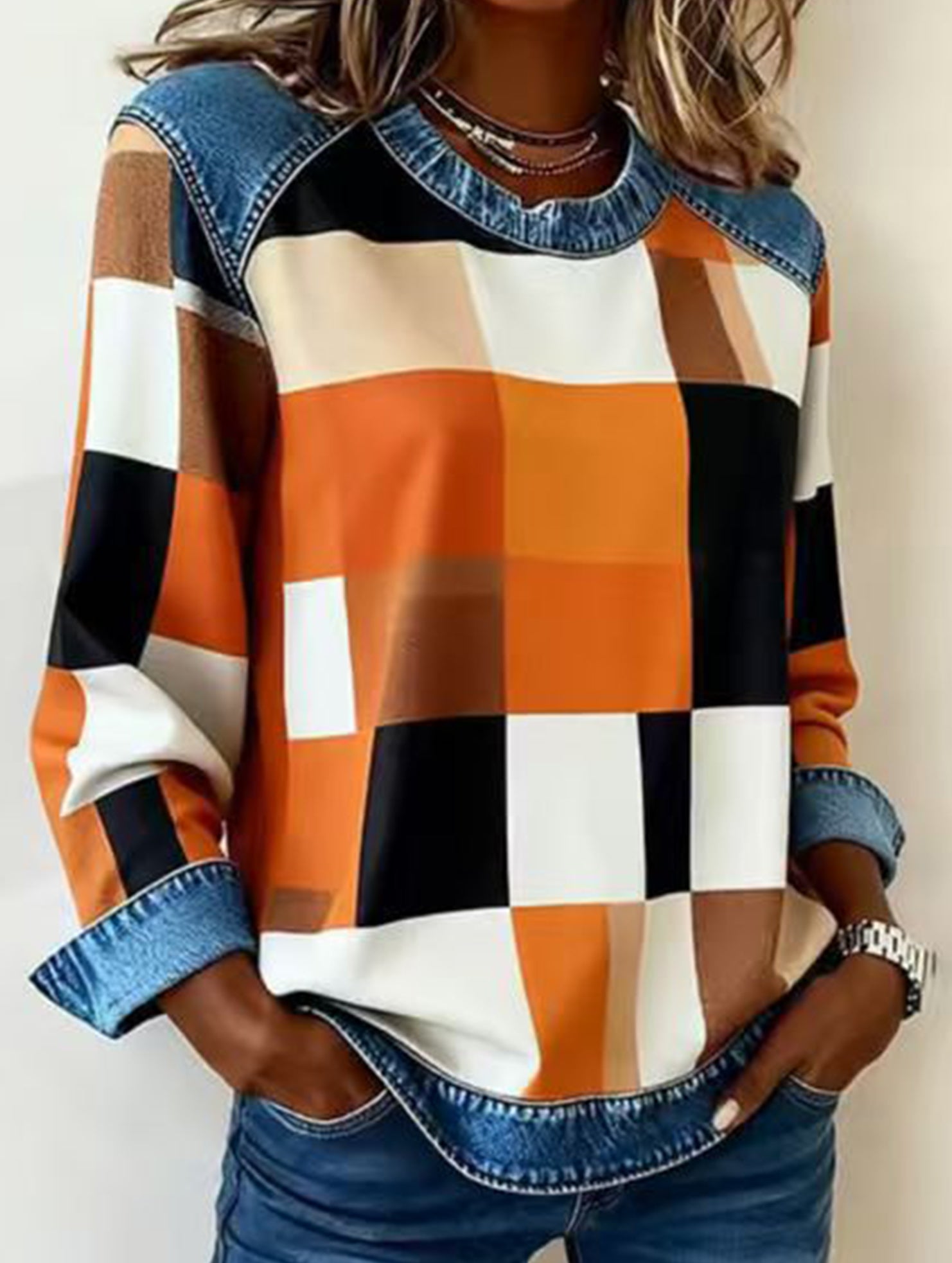 RETRO PLAID PATCHWORK SWEATSHIRT