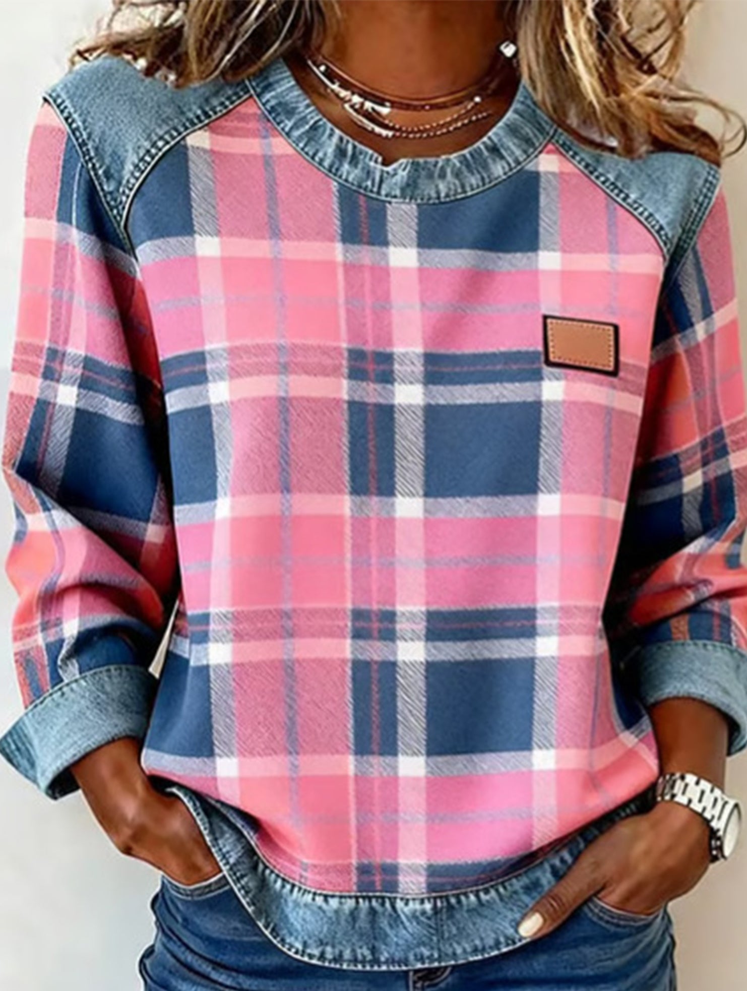 RETRO PLAID PATCHWORK SWEATSHIRT