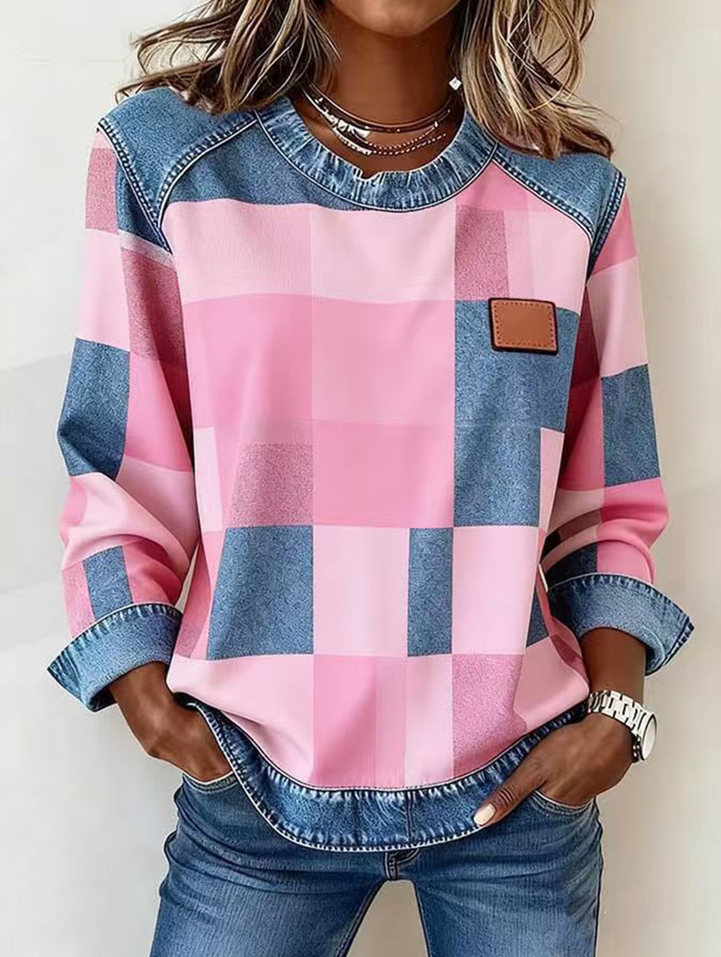RETRO PLAID PATCHWORK SWEATSHIRT
