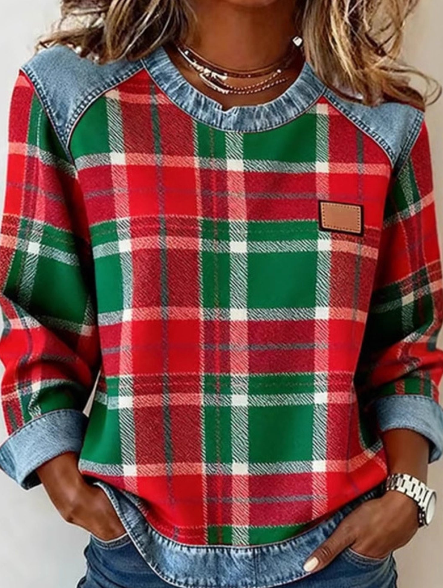 RETRO PLAID PATCHWORK SWEATSHIRT