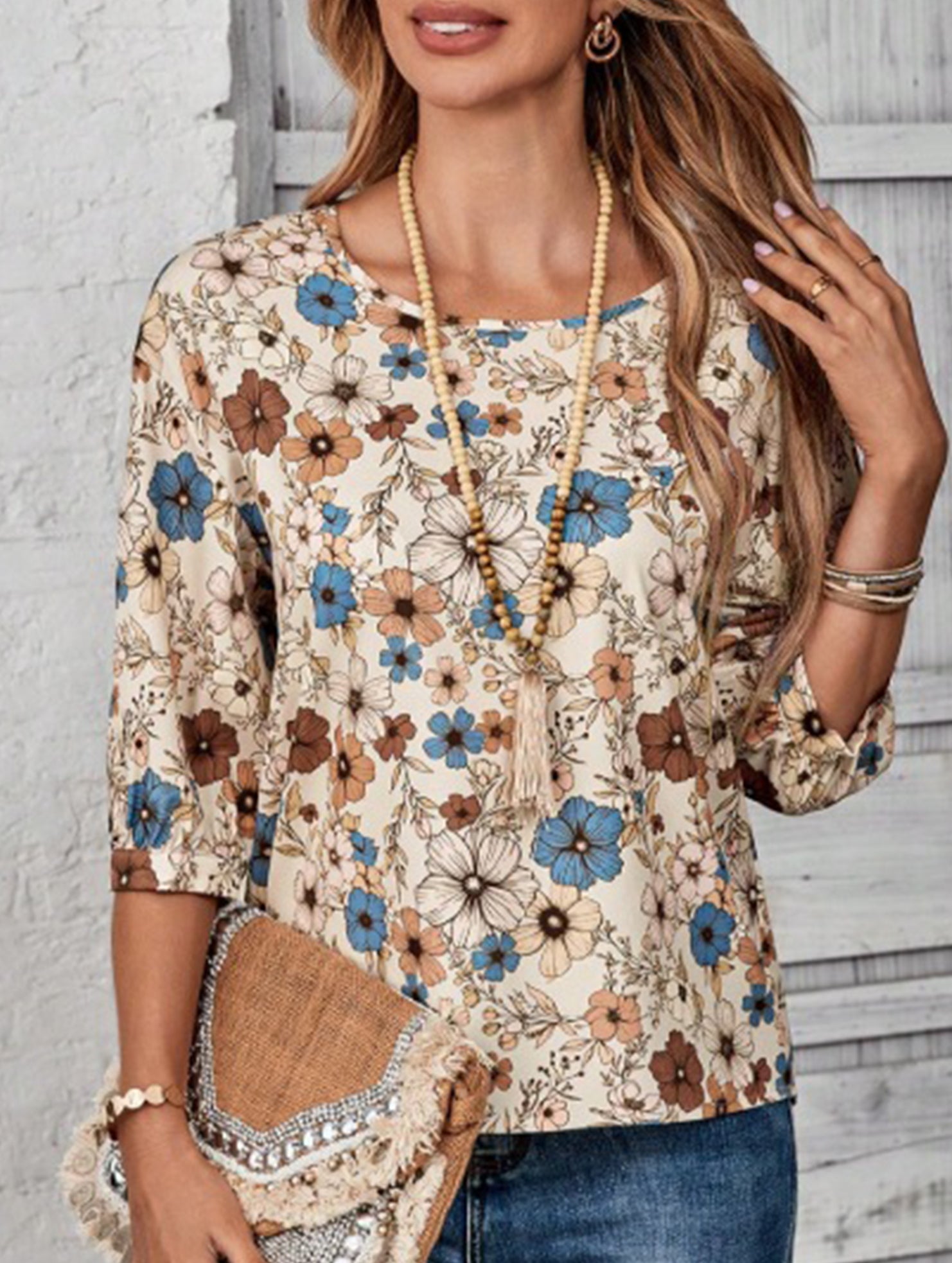 Pastoral style floral print mid-sleeve shirt_CWTBLL01995