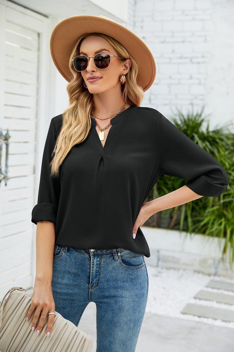 V Neck Button Cuff Business Office Work Blouse_Cwtbll0202