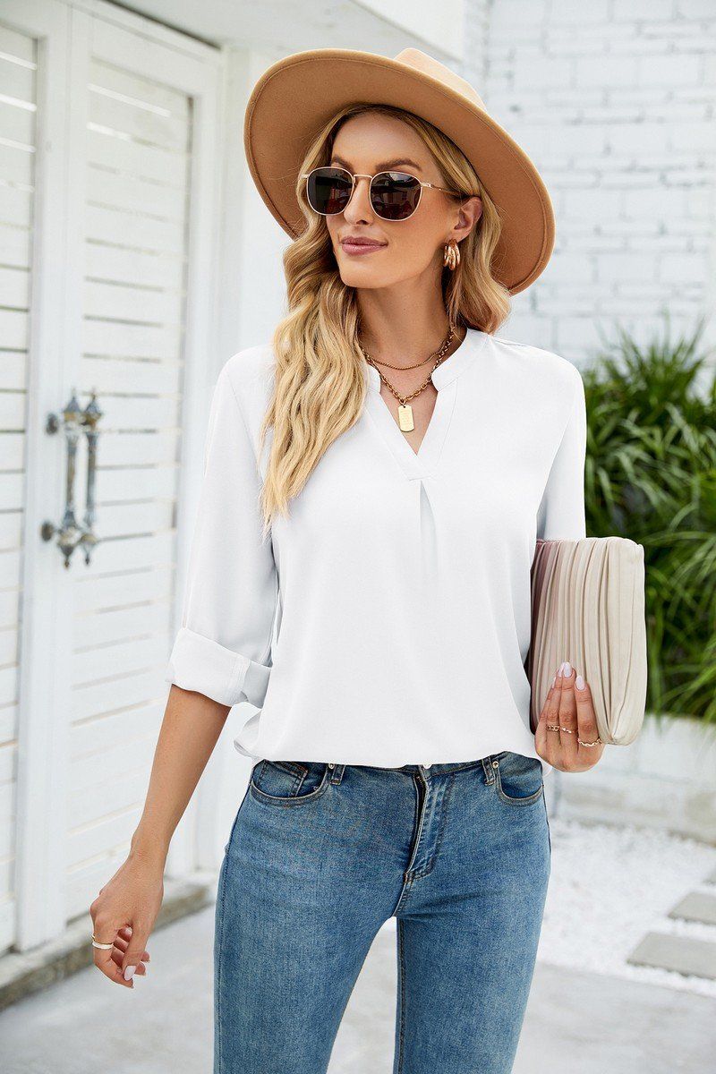 V Neck Button Cuff Business Office Work Blouse_Cwtbll0202