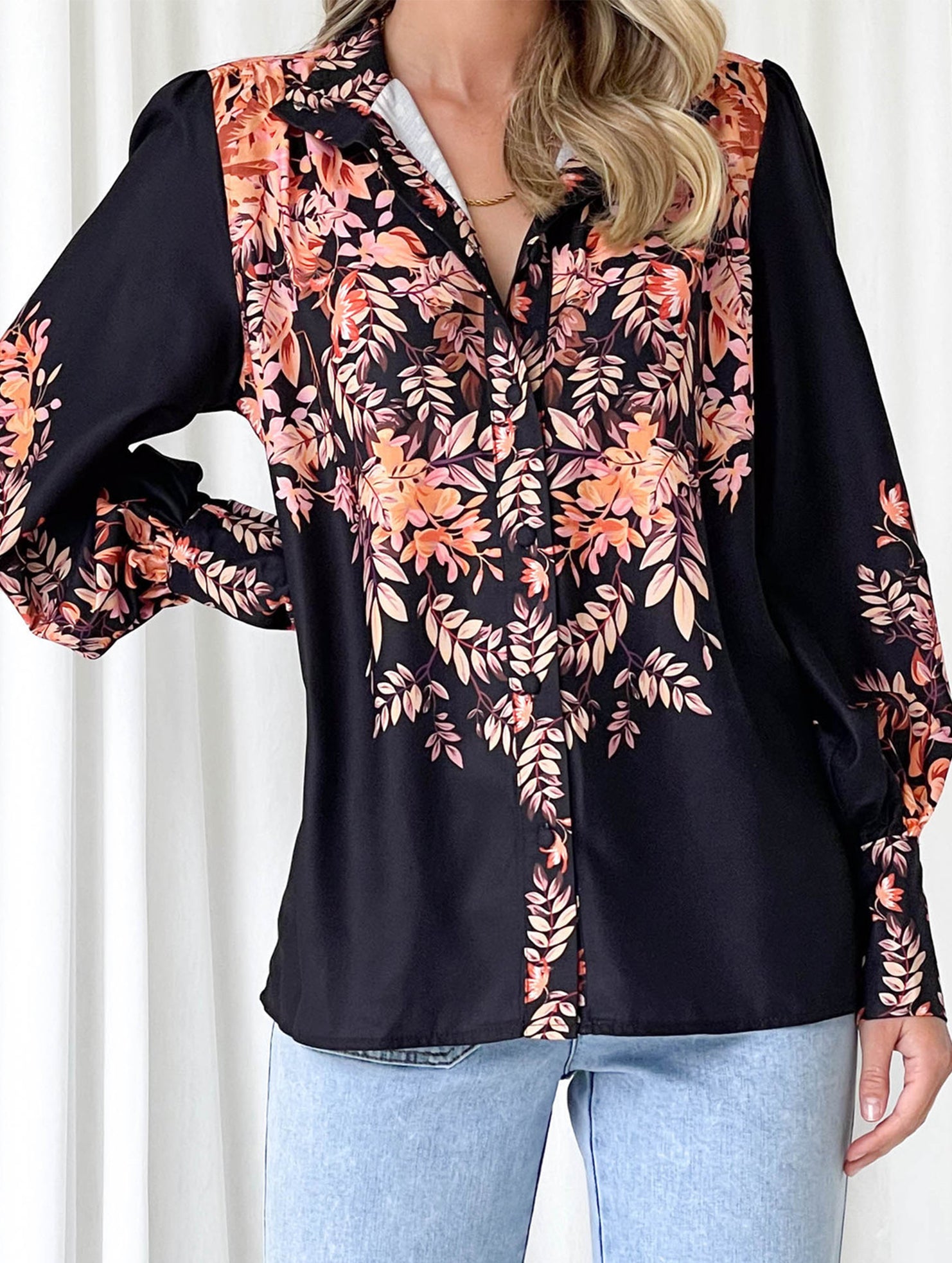 Women's Lantern Sleeve Printed Elegant Shirt_CWTBLL02020