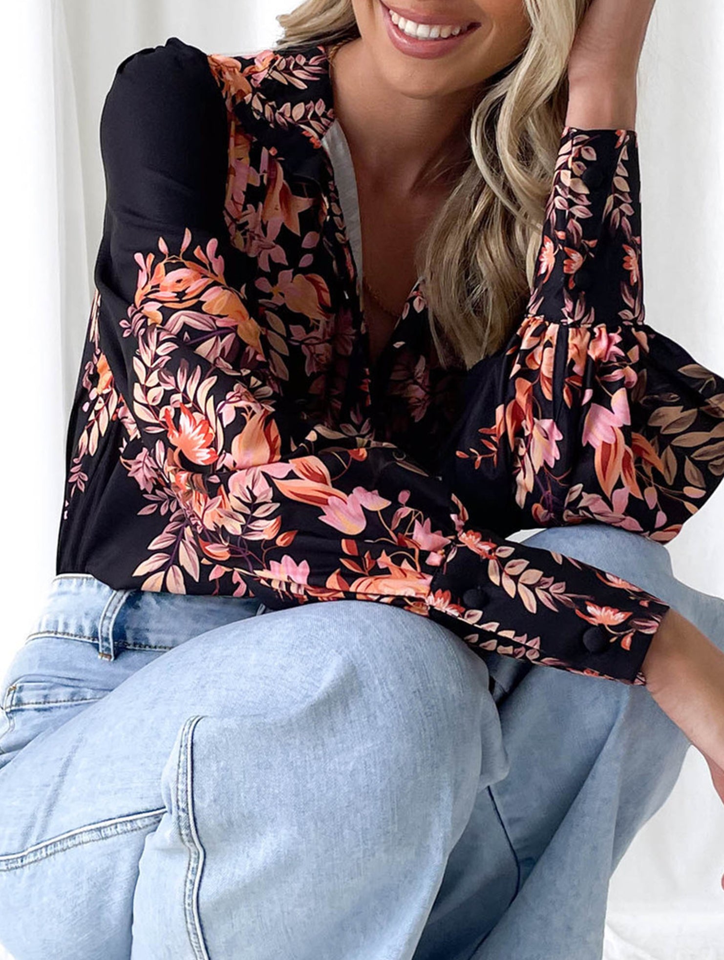 Women's Lantern Sleeve Printed Elegant Shirt_CWTBLL02020