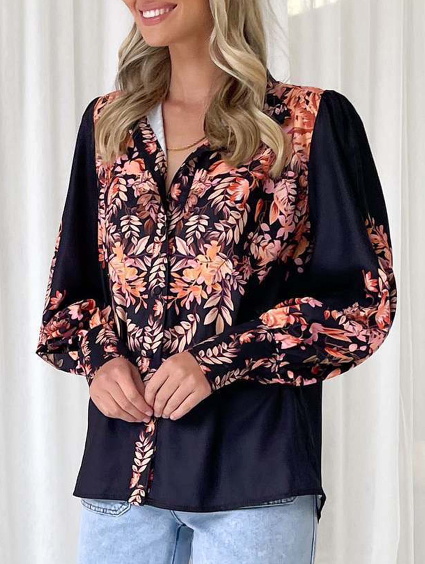Women's Lantern Sleeve Printed Elegant Shirt_CWTBLL02020