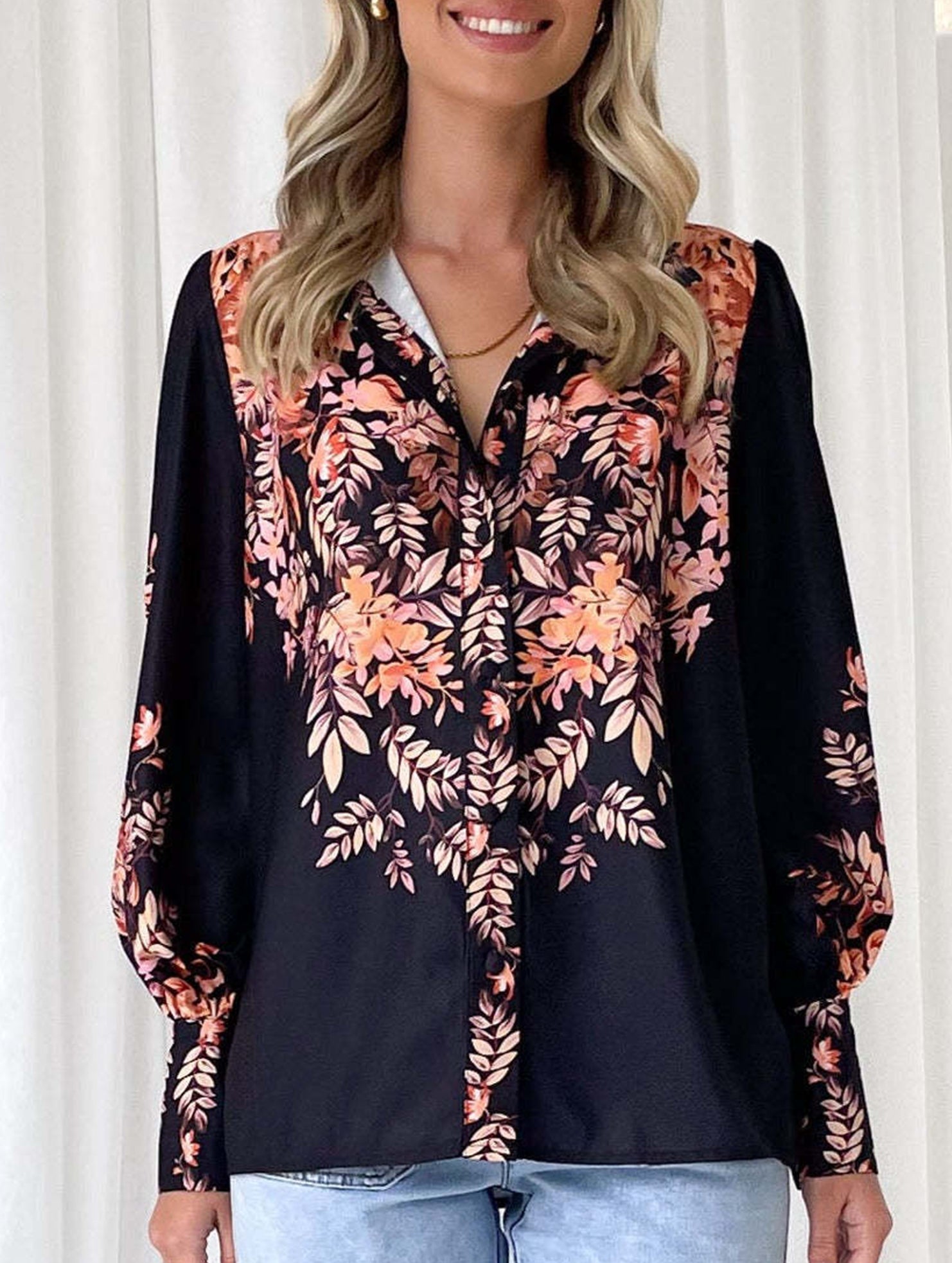 Women's Lantern Sleeve Printed Elegant Shirt_CWTBLL02020