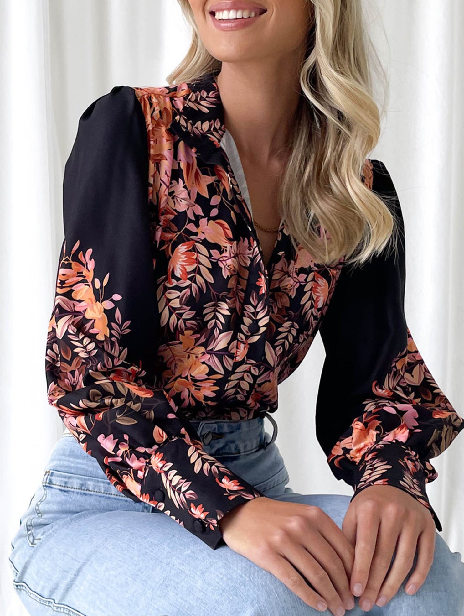 Women's Lantern Sleeve Printed Elegant Shirt_CWTBLL02020