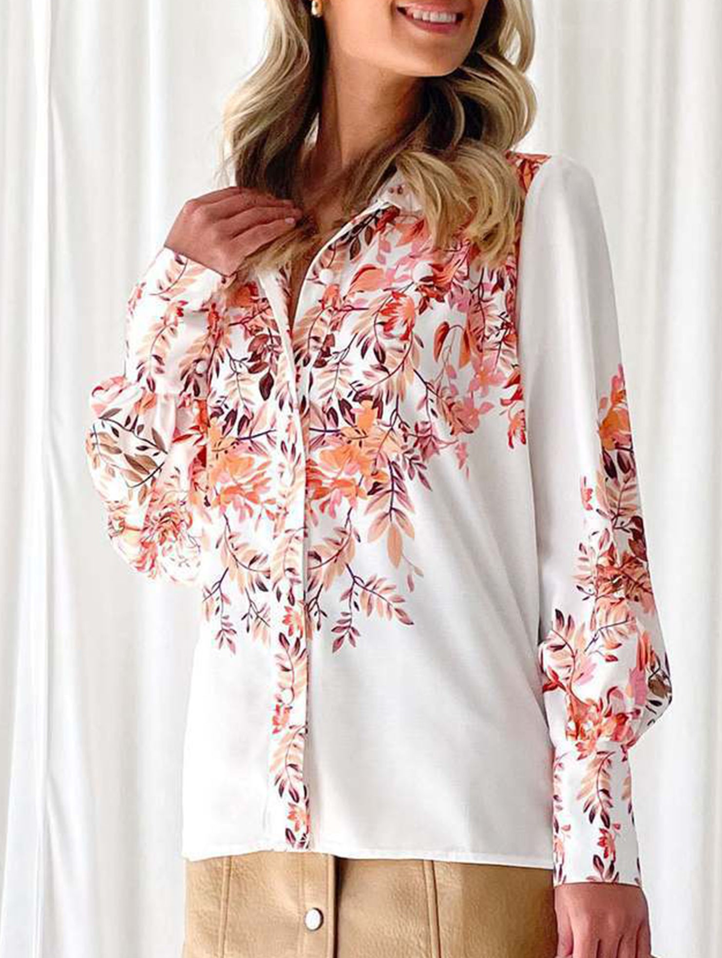Women's Lantern Sleeve Printed Elegant Shirt_CWTBLL02020