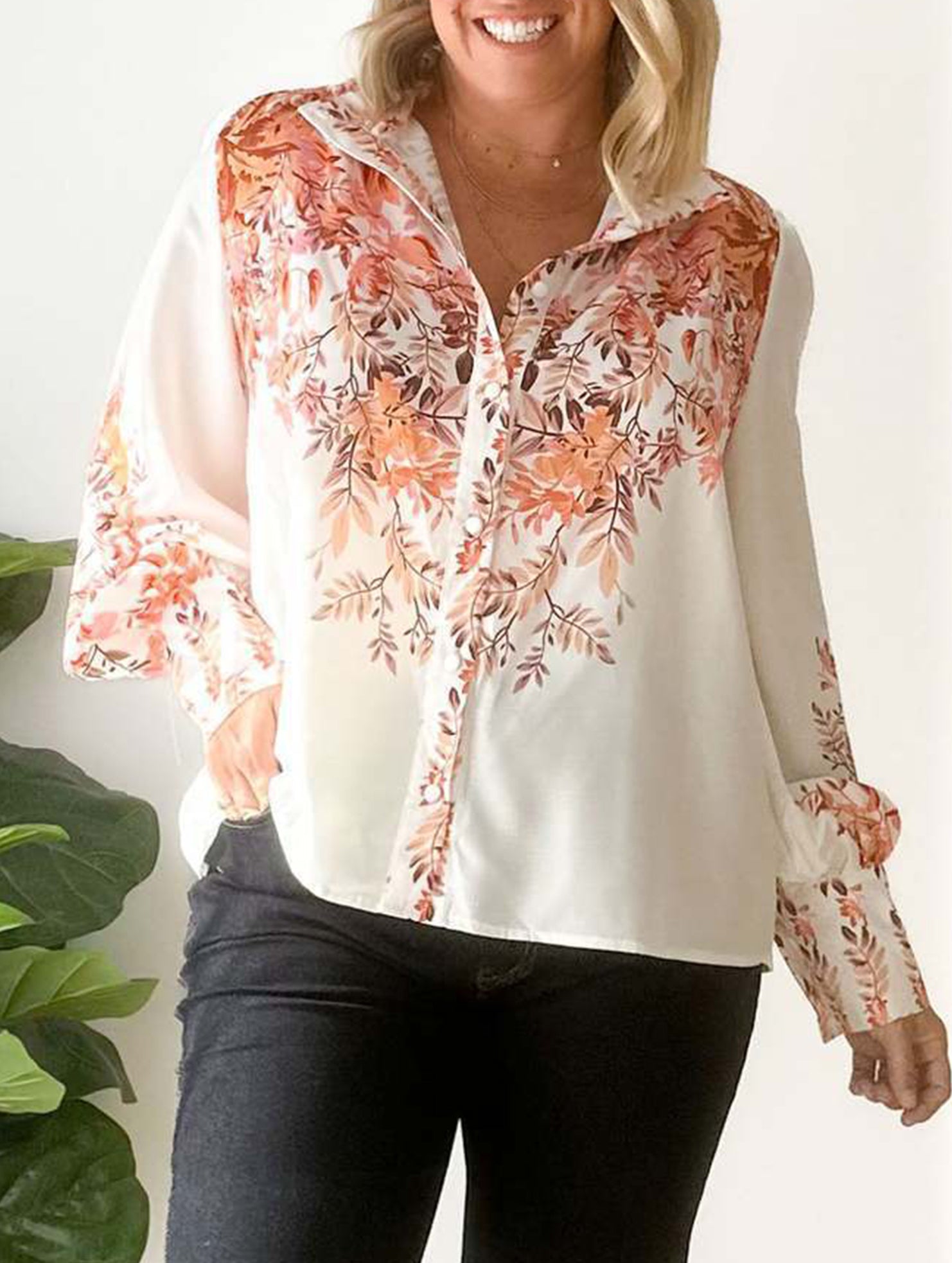 Women's Lantern Sleeve Printed Elegant Shirt_CWTBLL02020